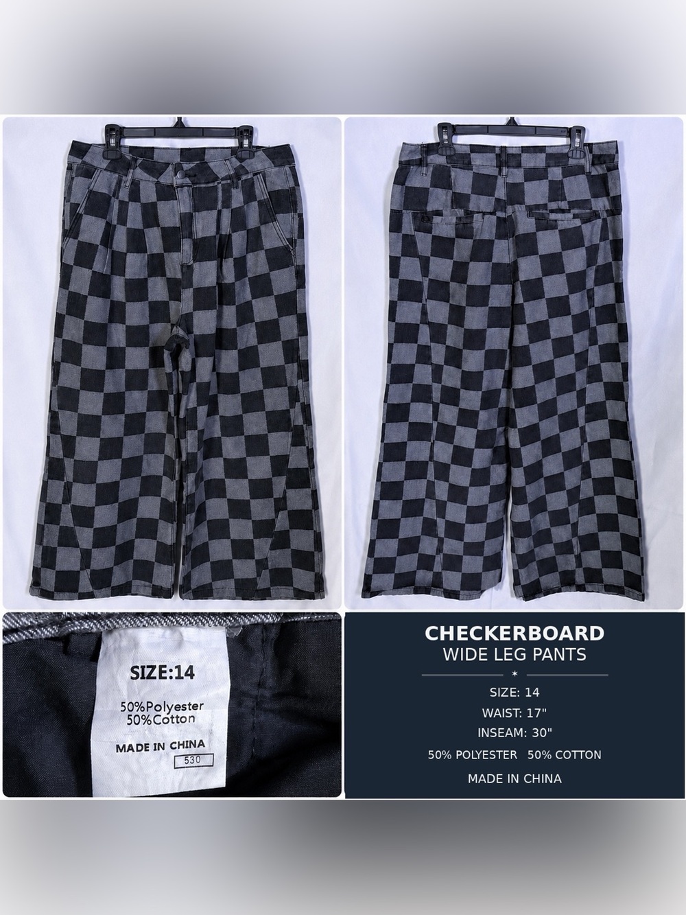 Black Gray Checkerboard Wide Leg Pants Size 14